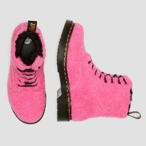 Dr. Martens Pink Faux Shearling Lace-Up Boots with Black Trim